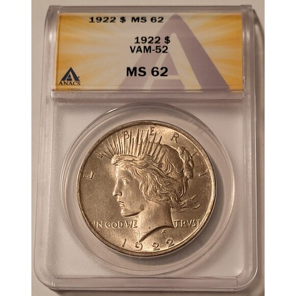 1922 Peace Silver Dollar VAM-52 R5 MS62 ANACS Toned - Picture 1 of 4